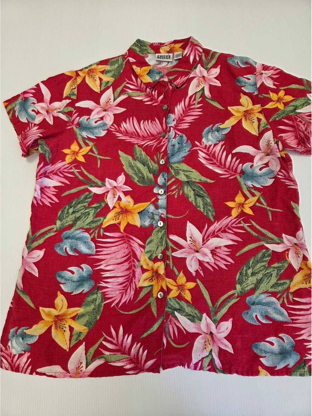 Chico's Design Women's Size 3 Red Floral Linen Blend Button-Up Shirt